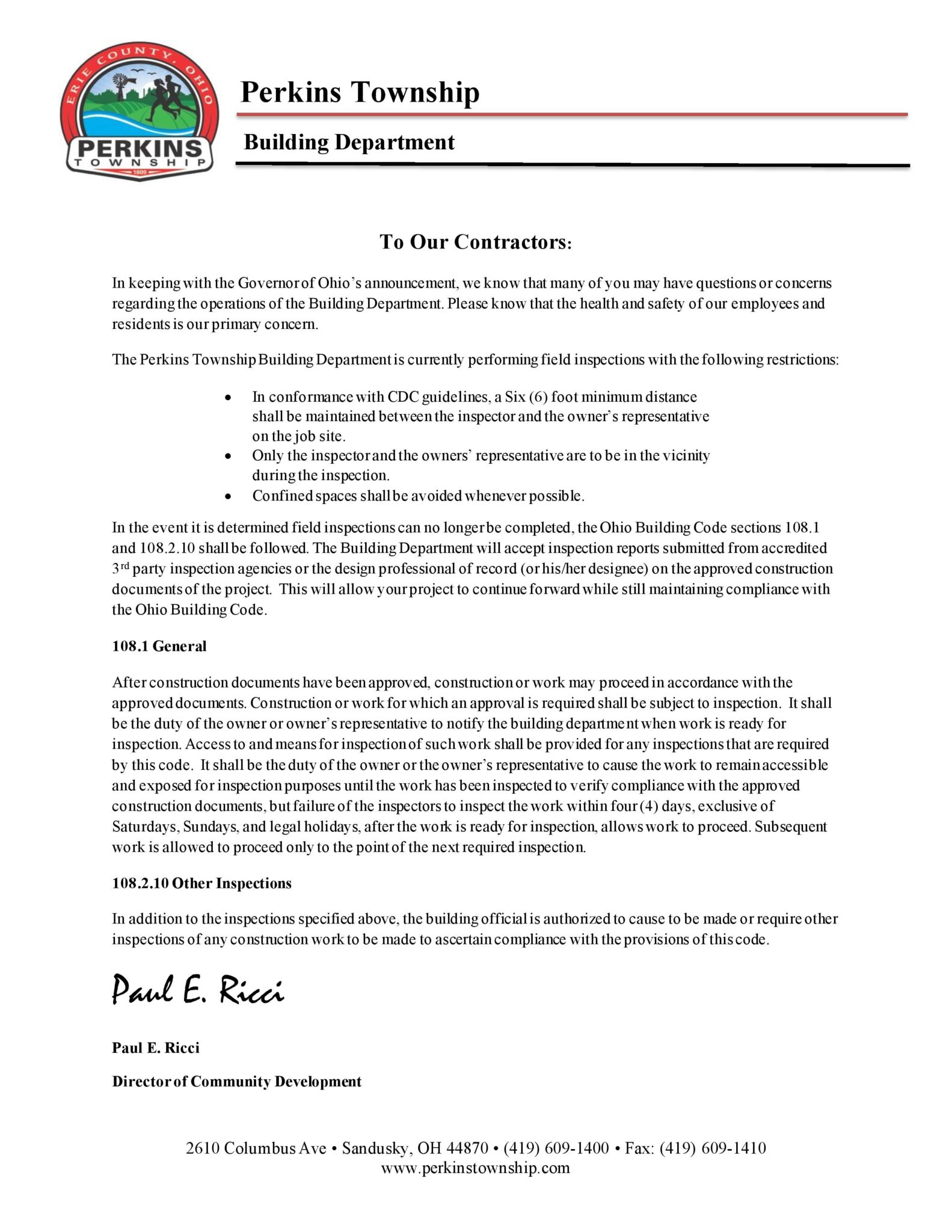 COVID19 Inspection Notice Perkins Township